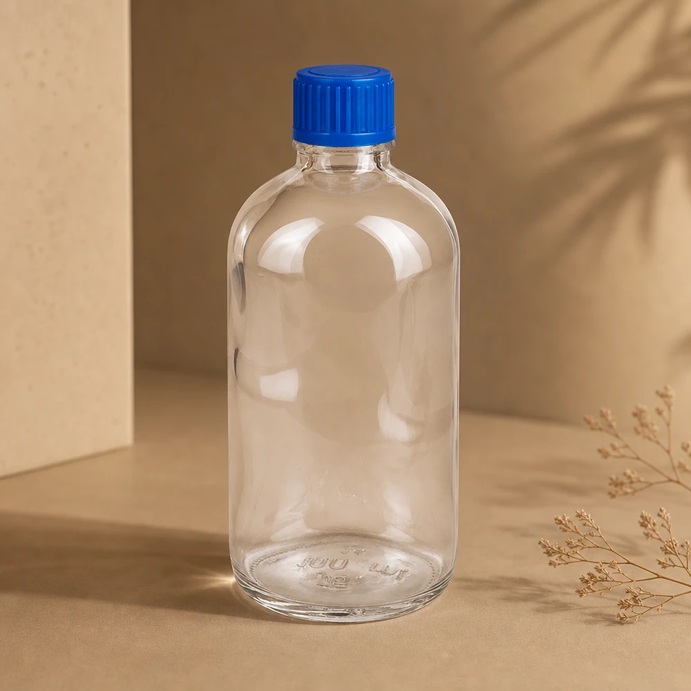 Butelka 100 ml 11 mm SV niebieski STD ClearLine UT18/100 Mała buteleczka z przezroczystego szkła o pojemności 100 ml, model ClearLine UT18, z niebieską plastikową nakrętką STD 11 mm SV