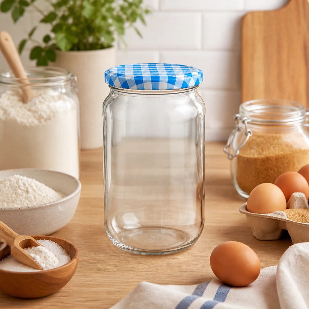 Okrągły słoik o pojemności 1062 ml ze składnikami do pieczenia, z niebiesko-białą pokrywką BasicSeal, uniwersalny do mieszanek do pieczenia.