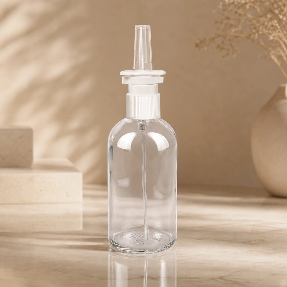 100 ml butelka z atomizerem do nosa z przezroczystym dozownikiem STD ClearLine UT18/100 Przezroczysta szklana butelka ClearLine o pojemności 100 ml z białą nasadką do spryskiwania nosa na tle marmuru