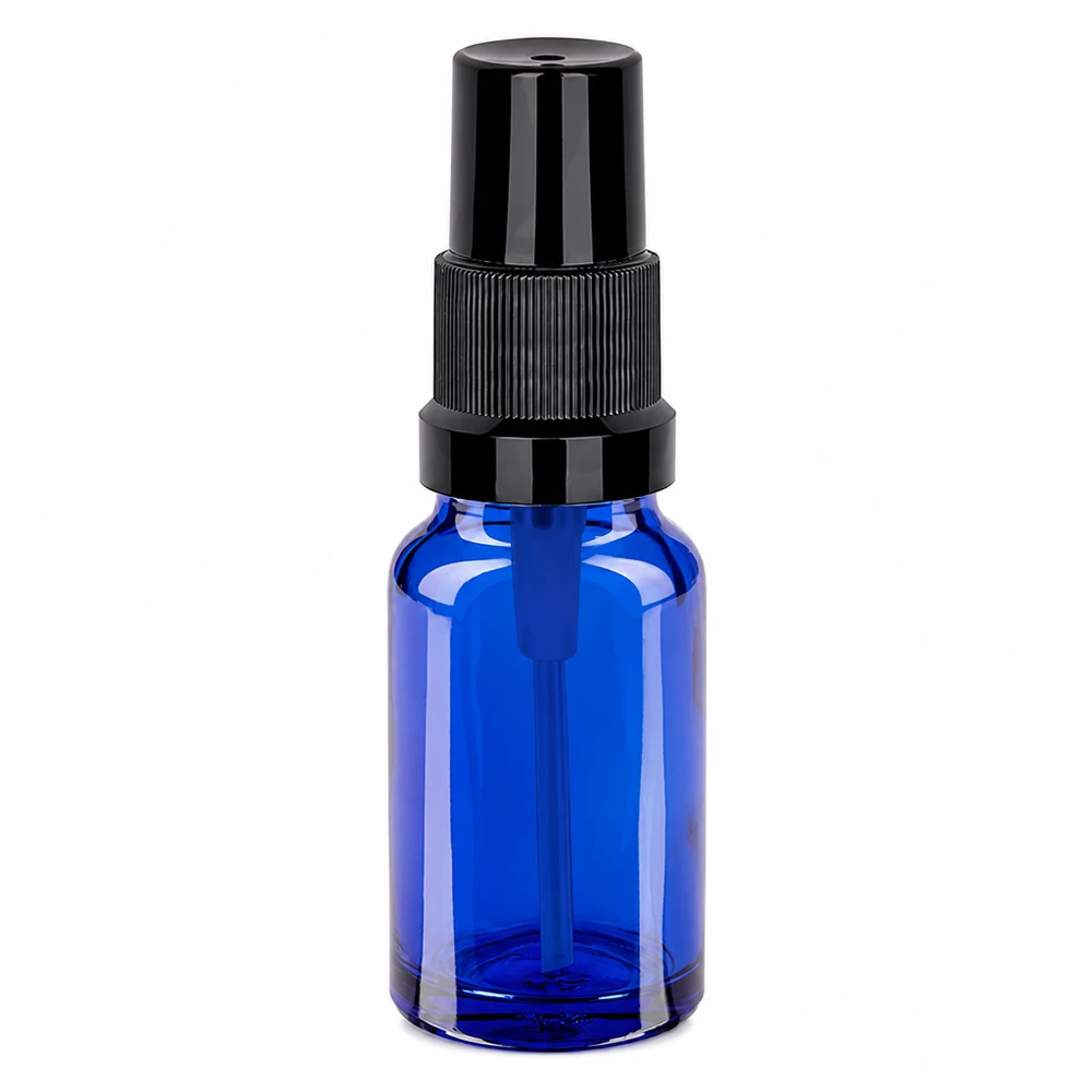 Butelka ze spryskiwaczem 10 ml czarna STD BlueLine UT18/10 Butelka z rozpylaczem 10 ml niebieska z czarną głowicą rozpylającą STD BlueLine UT18/10 do kosmetyków i aromaterapii