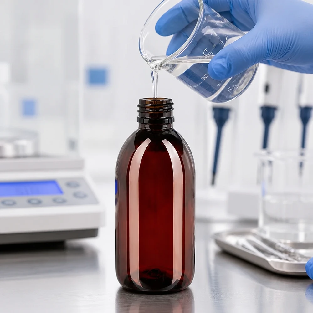 Handgeschützte Abfüllung in braune PET Rundflasche 250ml mit schwarzem Schraubverschluss Labor