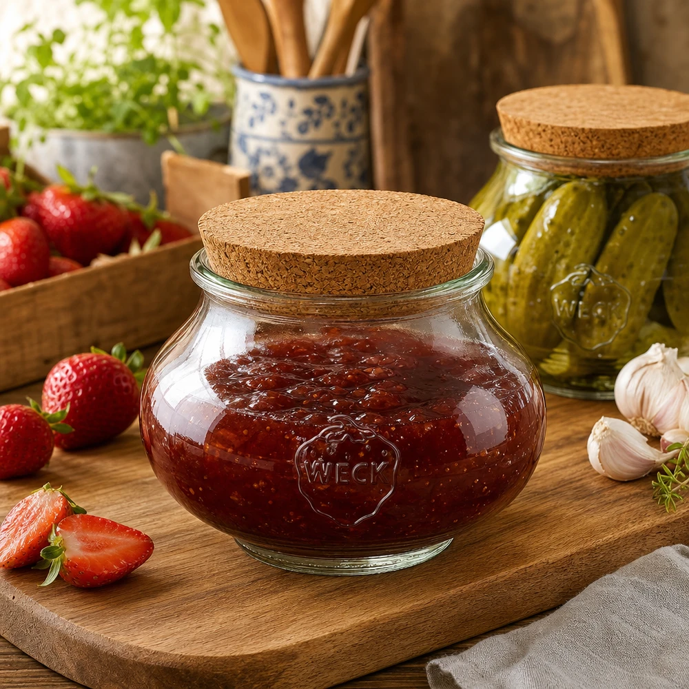 Słoik do przechowywania WECK 560 ml z korkową pokrywką w rustykalnej kuchni wypełniony dżemem obok truskawek i korniszonów
