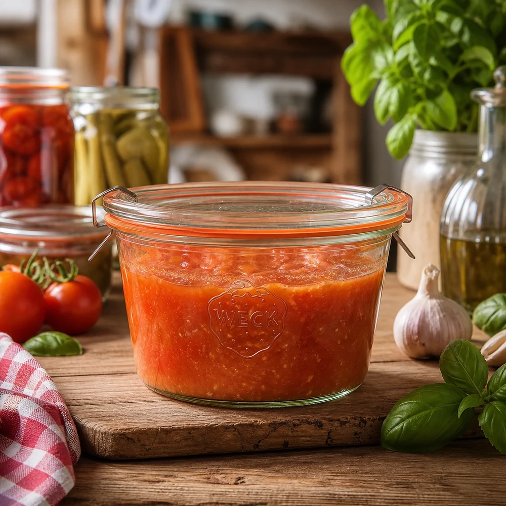 Kubki WECK RR100 370ml w rustykalnej kuchni wypełnione sosem pomidorowym pokazują praktyczne zastosowanie do konserwowania.