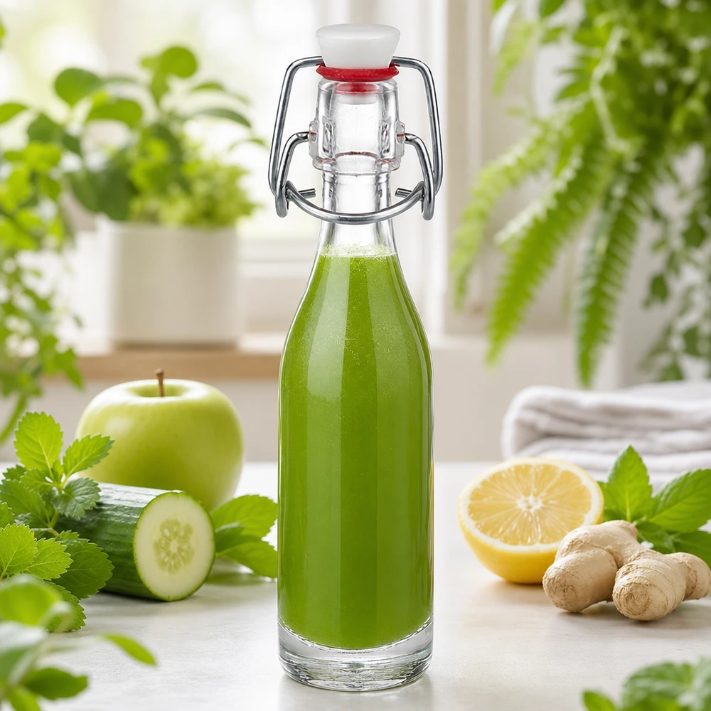 50 ml szklana butelka UNiTWIST wypełniona zielonym smoothie z ogórkiem, jabłkiem, imbirem i cytryną jako zdrowy napój.