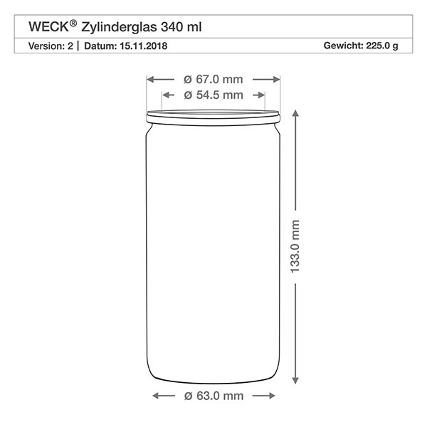 Zestaw 24 słoików Weck o pojemności 340 ml z 24 szklanymi pokrywkami Rysunek techniczny Słoik WECK 340ml o wymiarach Wysokość 133mm Średnica 63mm Waga 225g RR60