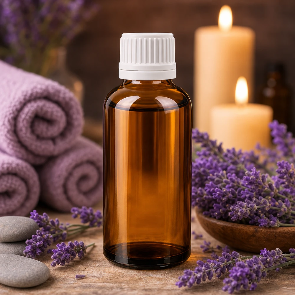 Butelka z bursztynowego szkła o pojemności 50 ml z białą nakrętką do aromaterapii i olejków eterycznych BrownLine UT18