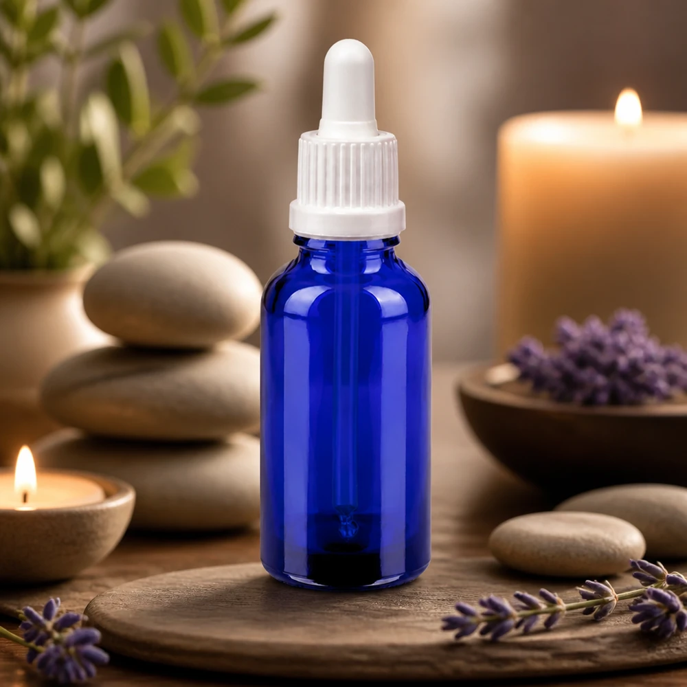 Butelka z pipetą 30 ml biała OV BlueLine UT18/30 wykonana z wysokiej jakości szkła do aromaterapii i kosmetyków