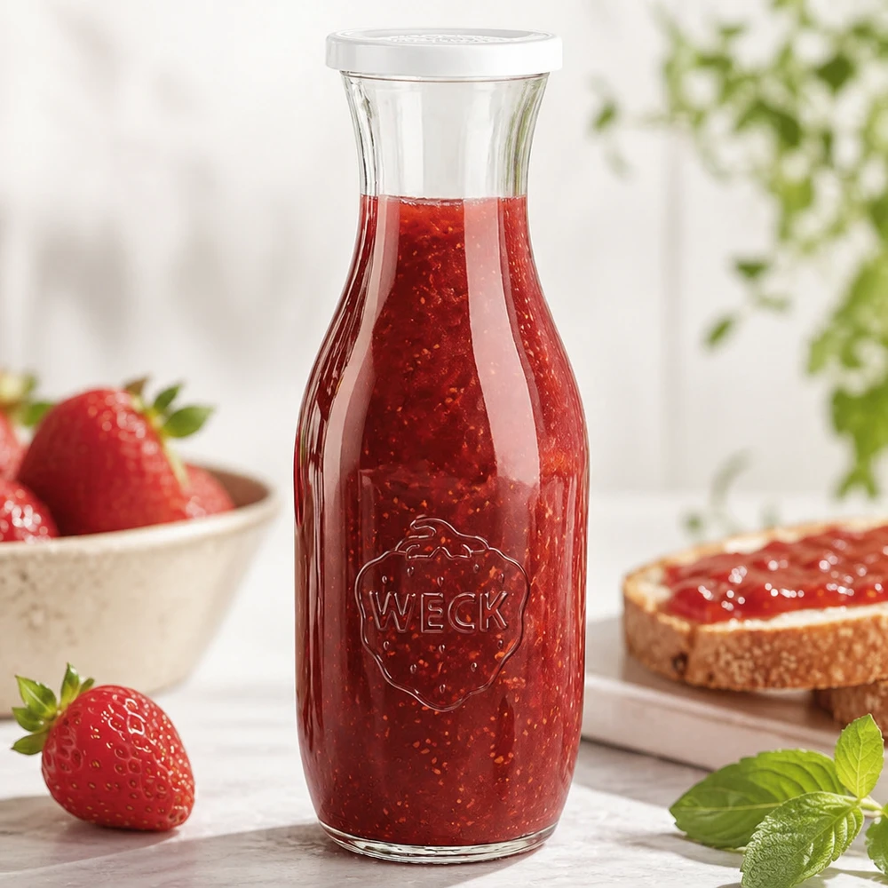 Butelka na sok o pojemności 1062 ml z pokrywką zachowującą świeżość WECK RR60 Szklana butelka WECK 1062ml wypełniona dżemem truskawkowym obok świeżych truskawek i chleba z pastą do smarowania
