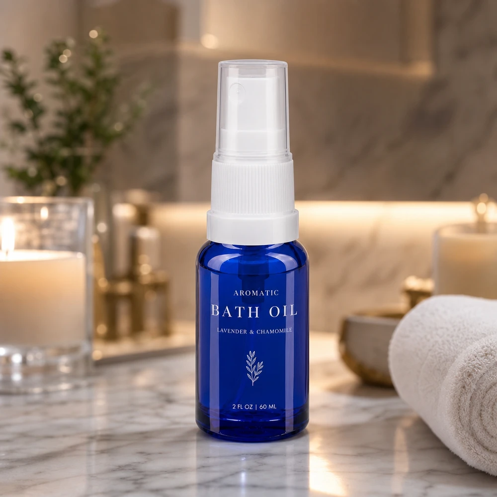 Butelka apteczna niebieska 10ml spray top biały Niebieska butelka z atomizerem o pojemności 10 ml z pompką do olejków eterycznych i produktów do aromaterapii