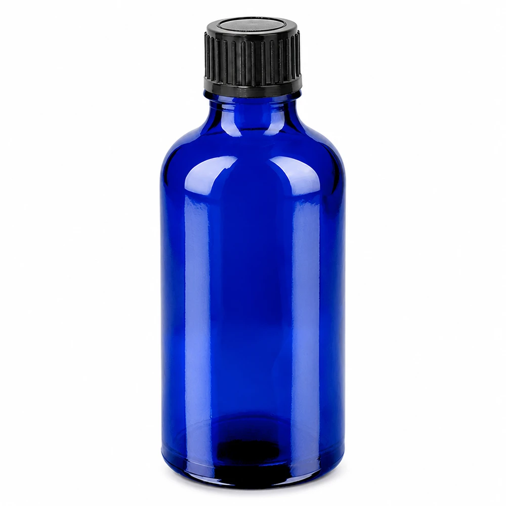 50 ml niebieska szklana butelka z czarną zakrętką na olejki eteryczne i kosmetyki