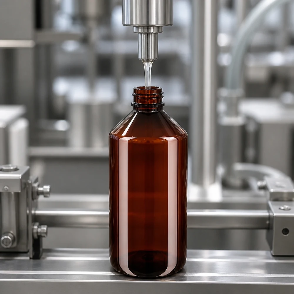 Butelka PET 750 ml z czerwoną nakrętką OV Automatyczna linia rozlewnicza napełnia brązową butelkę PET o pojemności 750 ml z oryginalnym czerwonym zamknięciem