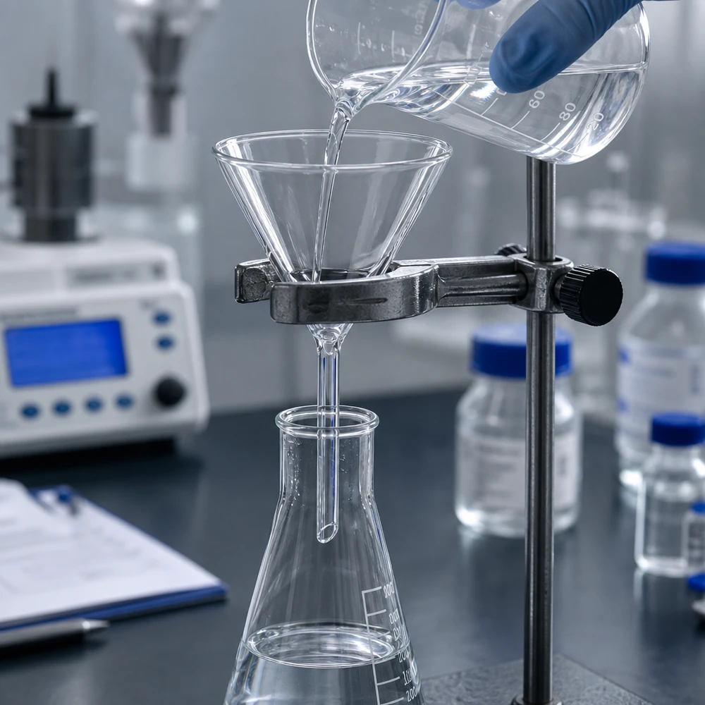 Lejek Ø 80 mm do wapna sodowanego, kąt 60°, krótki Lejek laboratoryjny ze szkła sodowo-wapniowego o kącie nachylenia 60 stopni i średnicy 80 mm, przeznaczony do precyzyjnej filtracji