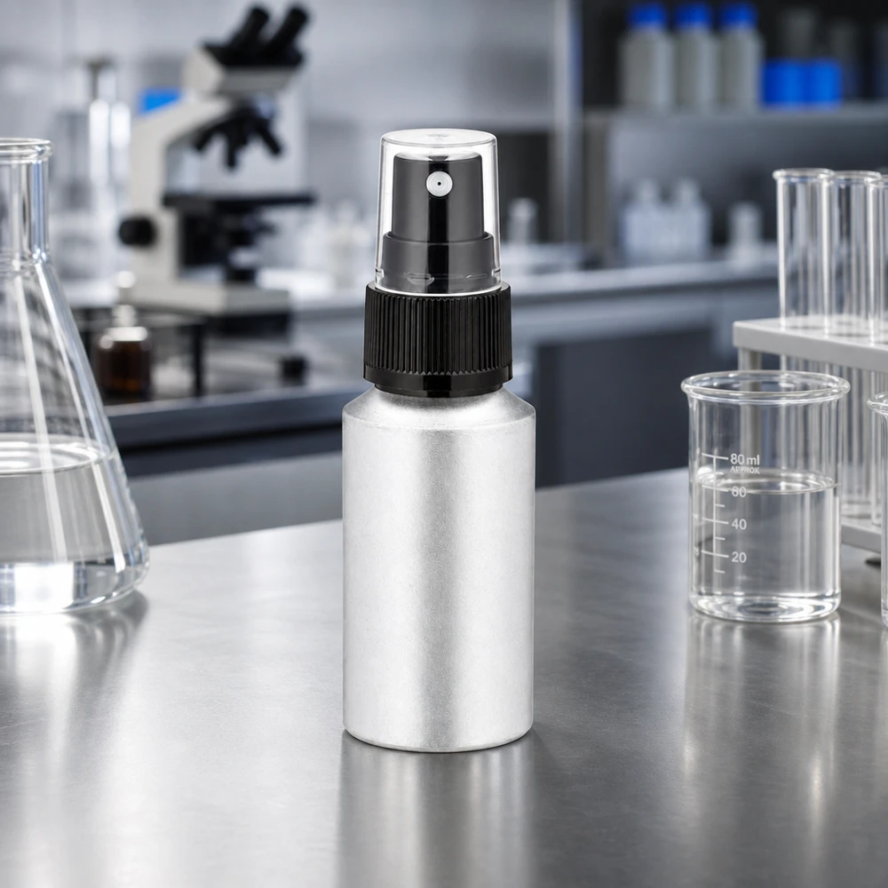 Aluminiowa butelka z rozpylaczem o pojemności 30 ml i matowym wykończeniu, idealna do laboratoriów i salonów kosmetycznych