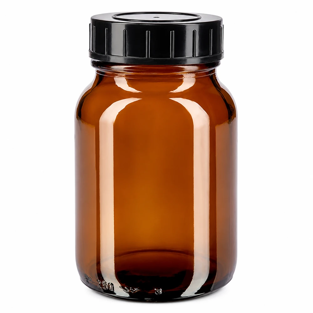 250 ml butelka z szeroką szyjką z bursztynowego szkła z czarną zakrętką do bezpiecznego przechowywania