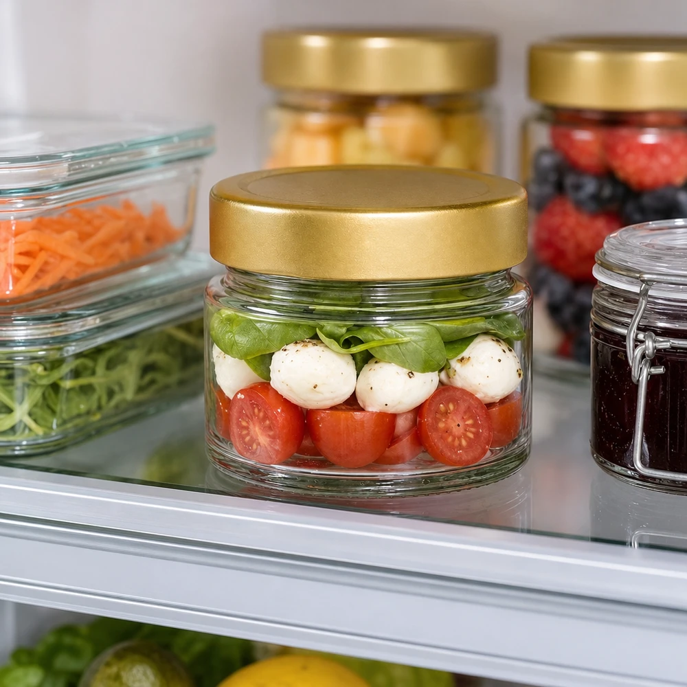 80 ml okrągły słoik ze złotym wieczkiem BasicSeal deep UN.. Caprese-Salat im 80ml Rundglas mit goldenem Deckel im Kühlschrank - praktische Aufbewahrung für Meal Prep