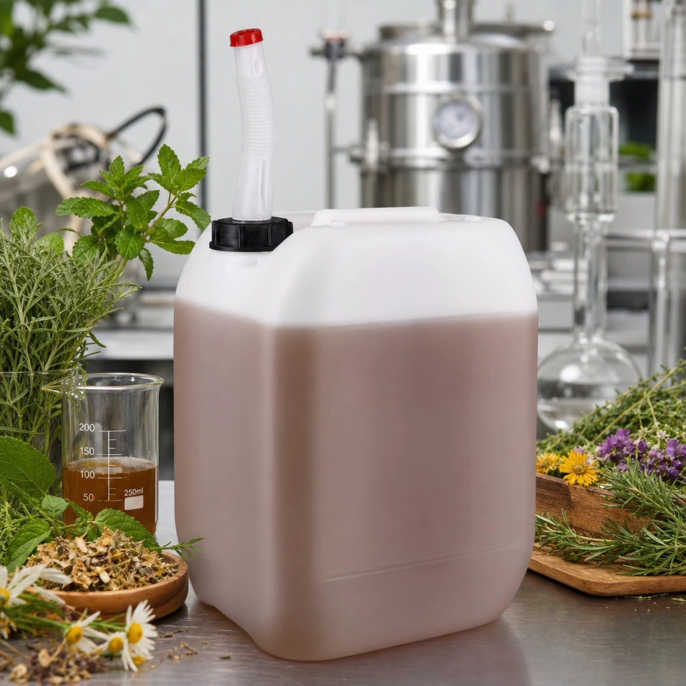 Rozlewanie ekstraktów ziołowych do 10-litrowych kanistrów z elastyczną rurką wylotową w produkcji kosmetyków naturalnych