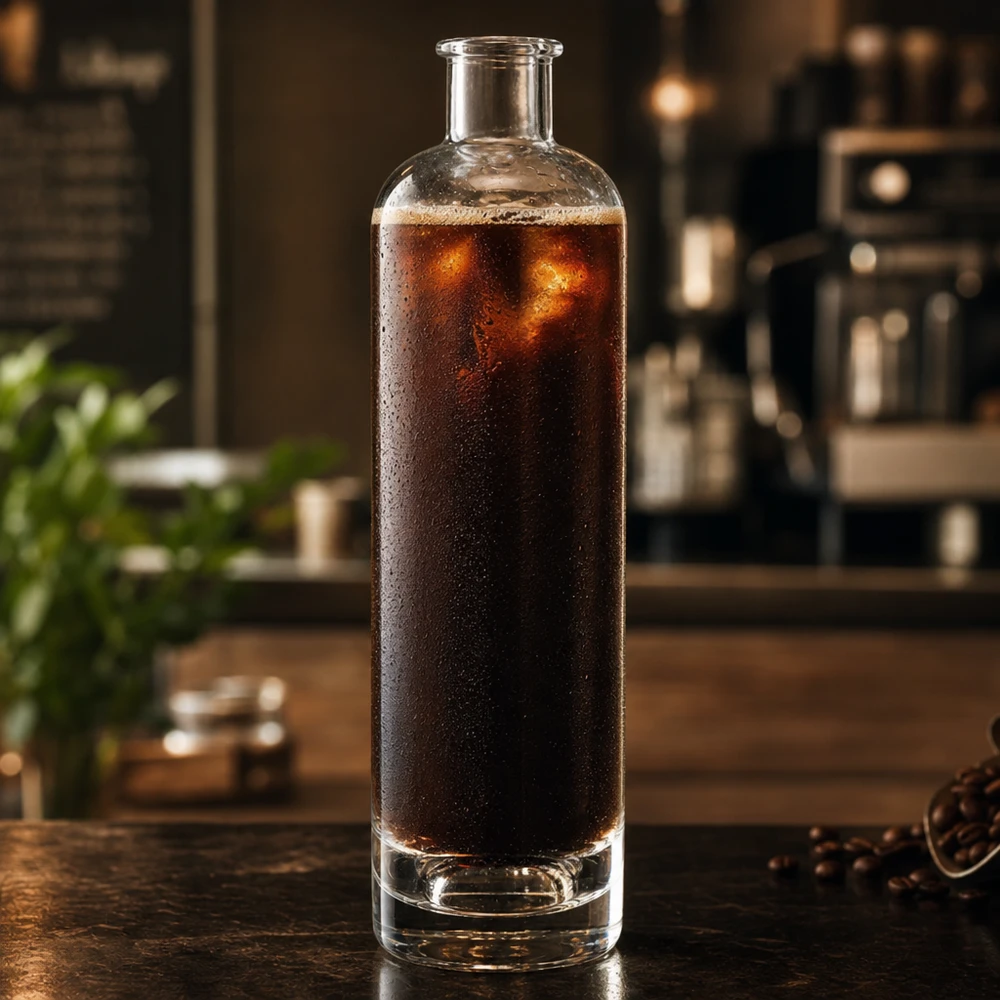 500ml szklana butelka Ella wypełniona kawą cold brew w kuchennym cylindrycznym kształcie bez zakrętki Przykład zastosowania UNiTWIST