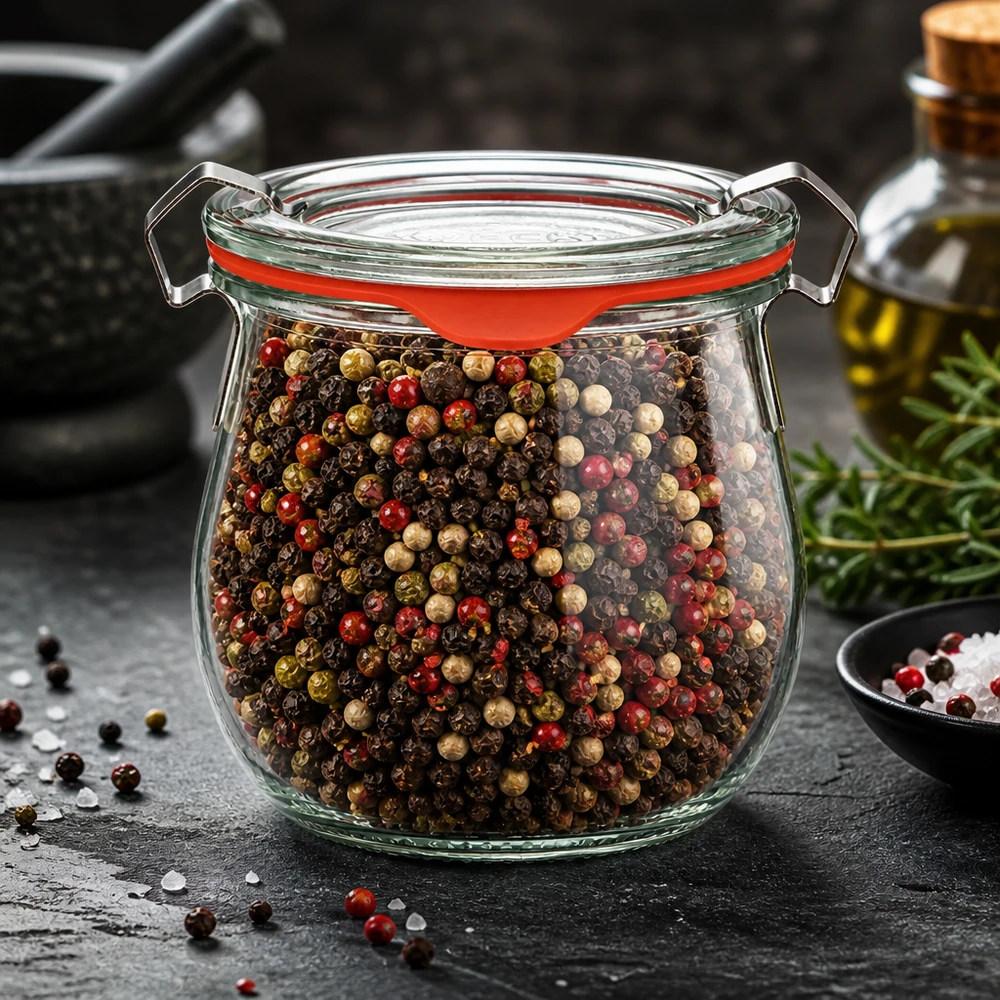 Pomysł na słoik na przyprawy: mini słoik tulipanowy WECK 220 ml Słoik WECK Mini Tulip o pojemności 220 ml, wypełniony kolorową mieszanką pieprzu; słoik z klipsem i czerwonym gumowym pierścieniem na płycie łupkowej