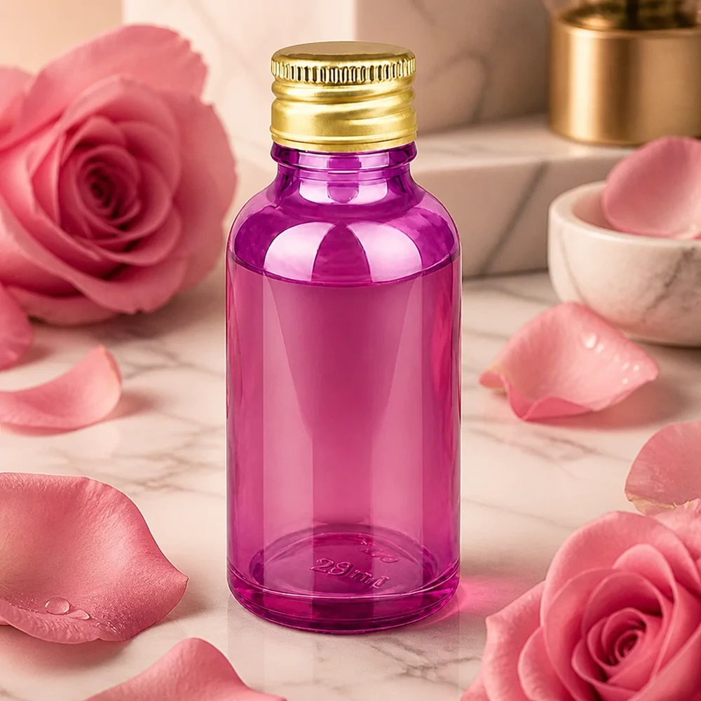 Szklana butelka Purple Violet 30 ml z nasadką SV i aluminiowo-złotą nasadką do aromaterapii i perfum