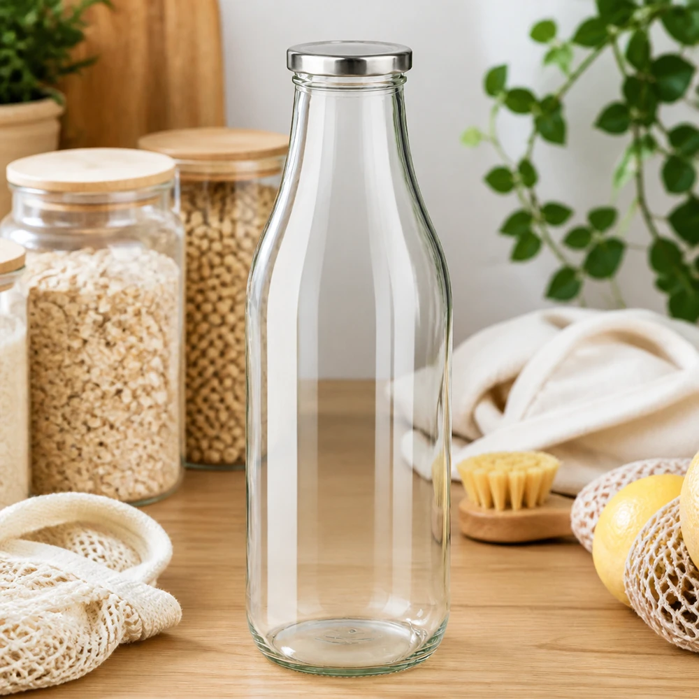 1000 ml srebrna szklana butelka BasicSeal na drewnianym stole z ekologicznymi akcesoriami kuchennymi i roślinami Styl życia zero waste