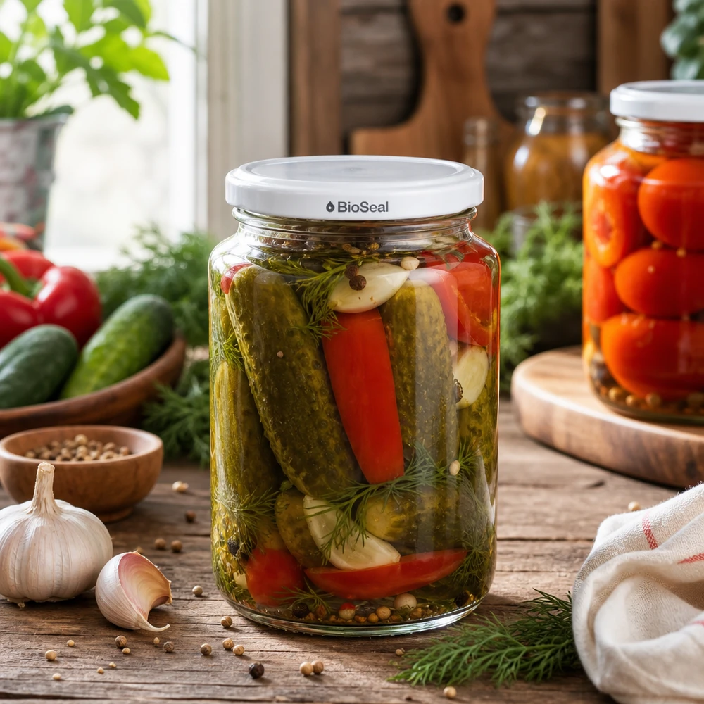 UNiTWIST Runda382 z białą pokrywką TO66 BioSeal UNiTWIST Runda382 Einmachglas in rustikaler Küchenszene - Mixed Pickles mit Dill und Paprika in BioSeal Glas