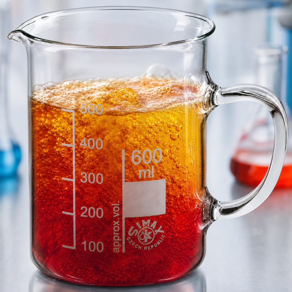 Zlewka 600 ml ze szkła borokrzemowego, z uchwytem Szklanka o pojemności 600 ml z uchwytem, wypełniona czerwono-pomarańczową, pienistą cieczą w laboratorium