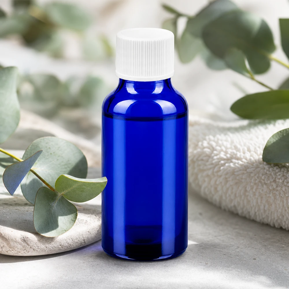 Butelka 20 ml 11 mm SV biała STD BlueLine UT18/20 Mała szklana butelka 20 ml w jasnoniebieskim kolorze z praktyczną zakrętką do kosmetyków naturalnych