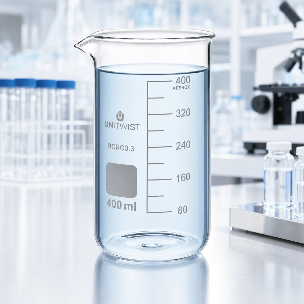 Szklanka o pojemności 400 ml, wysoka, z dziobkiem i białą skalą, wykonana ze szkła borokrzemowego 3.3 UNITWIST
