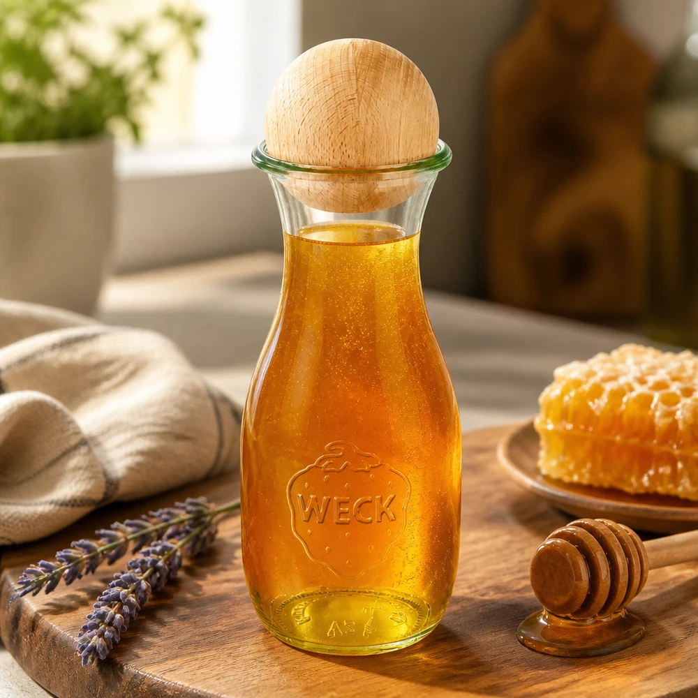 Butelka na sok 530ml WECK RR60 z drewnianą kulką buk 530 ml szklana butelka WECK wypełniona miodem i bukową kulką na drewnianej desce ozdobionej plastrem miodu i lawendą