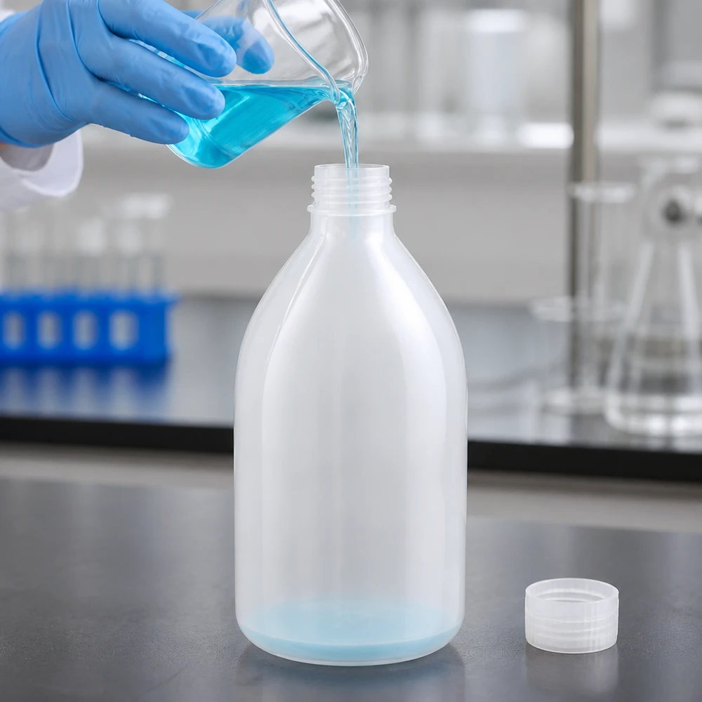 Butelka laboratoryjna 1000 ml z wąską szyjką bez zakrętki Butelkę laboratoryjną HDPE o pojemności 1000 ml i wąskiej szyjce napełnia się niebieskim płynem z zlewki