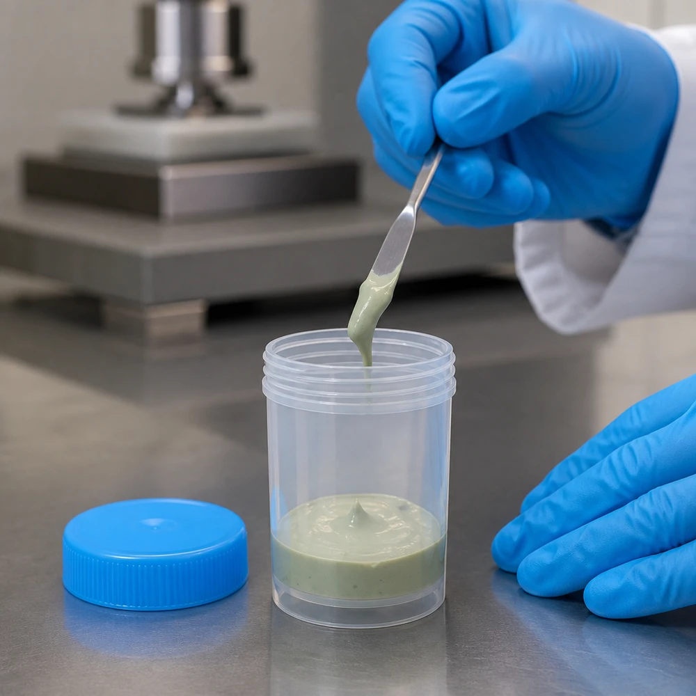 Zieloną, kremową substancję nakłada się metalową łopatką do przezroczystego plastikowego pojemnika o pojemności 20 ml