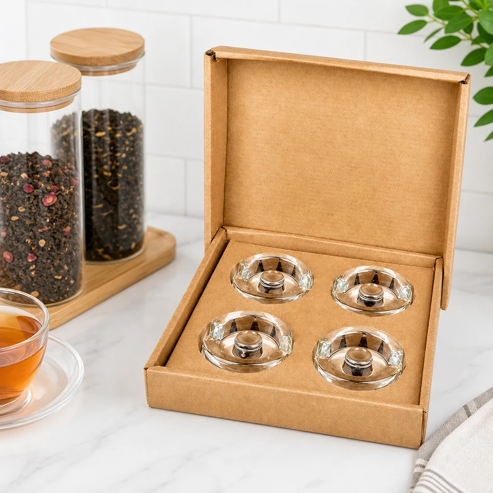 Szklane obciążniki fermentacyjne z uchwytem zestaw 4 UNiTWIST UNiTWIST Fermentier-Glasgewichte 4er Set in Kartonbox neben Teegläsern und Gewürzbehältern aus Glas mit Holzdeckel