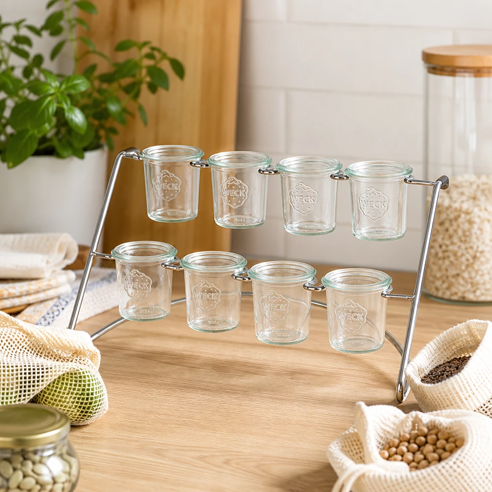 Stojak Flato8 na 8 słoików WECK Stojak do serwowania Flato8 z pustymi kubkami WECK w naturalnym środowisku kuchennym z produktami ekologicznymi i zrównoważonym rozwojem