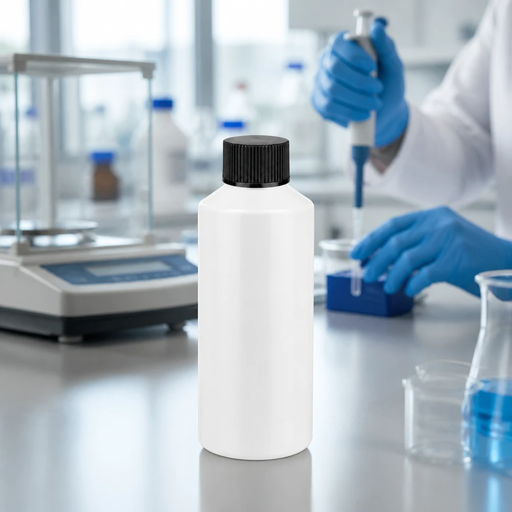 Butelka apteczna HDPE 100ml biała, z czarnym SV Cylindryczna, biała butelka apteczna o pojemności 100 ml, wykonana z HDPE, z czarnym zamknięciem, na stole laboratoryjnym
