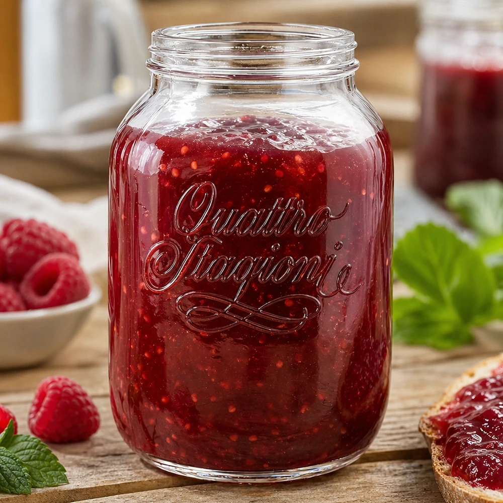 Szkło gospodarcze 3000 ml "Quattro Stagioni" 3000 ml słoik Quattro Stagioni wypełniony czerwoną konfiturą obok świeżych truskawek na drewnianym stole