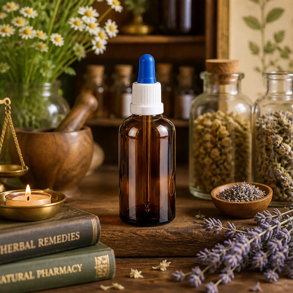 Precyzyjne dozowanie za pomocą biało-niebieskiej butelki z pipetą o pojemności 50 ml do kosmetyków naturalnych i aromaterapii