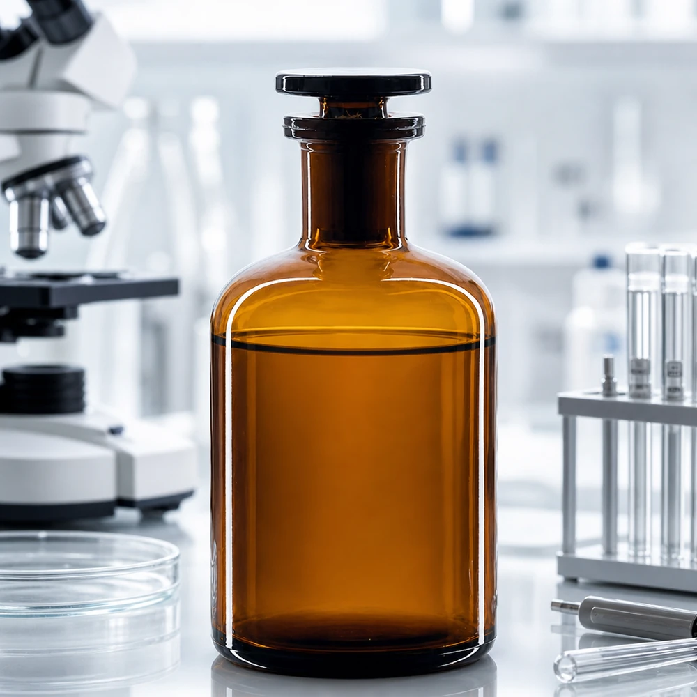 Butelka o zaokrąglonych ramionach, 100 ml, brązowa, z wąską szyjką i szklanym korkiem, w nowoczesnym laboratorium z mikroskopem