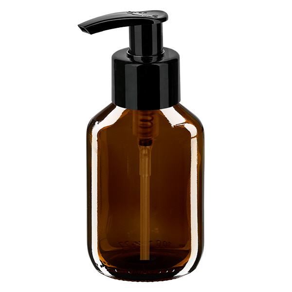 Butelka na lek 100 ml brązowa, z pompką dozującą czarną ApoGlas. Farmaceutyczna jakość produkcji UE. Gwint 28 mm (PP28). (syrop, butelka z lekkiego szkła) Butelka na lek 100 ml brązowa, z pompką dozującą czarną ApoGlas. Farmaceutyczna jakość produkcji UE. Gwint 28 mm (PP28). (syrop, butelka z lekkiego szkła)
