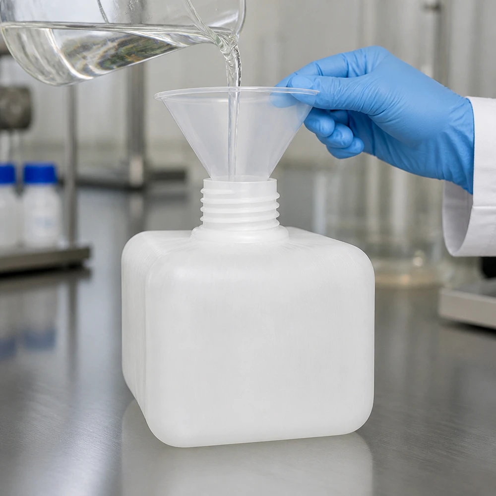 Laborant przelewa przezlewką przez lejek przezroczysty płyn ze zlewki do butelki na chemikalia z PE-HD o pojemności 250 ml i gwintem GL28