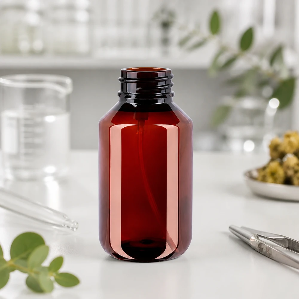 Butelka PET 100ml z atomizerem biała Leere Pumpflasche 100ml PET bernsteinfarben neben Pinzette Pipette und Naturpflanzen