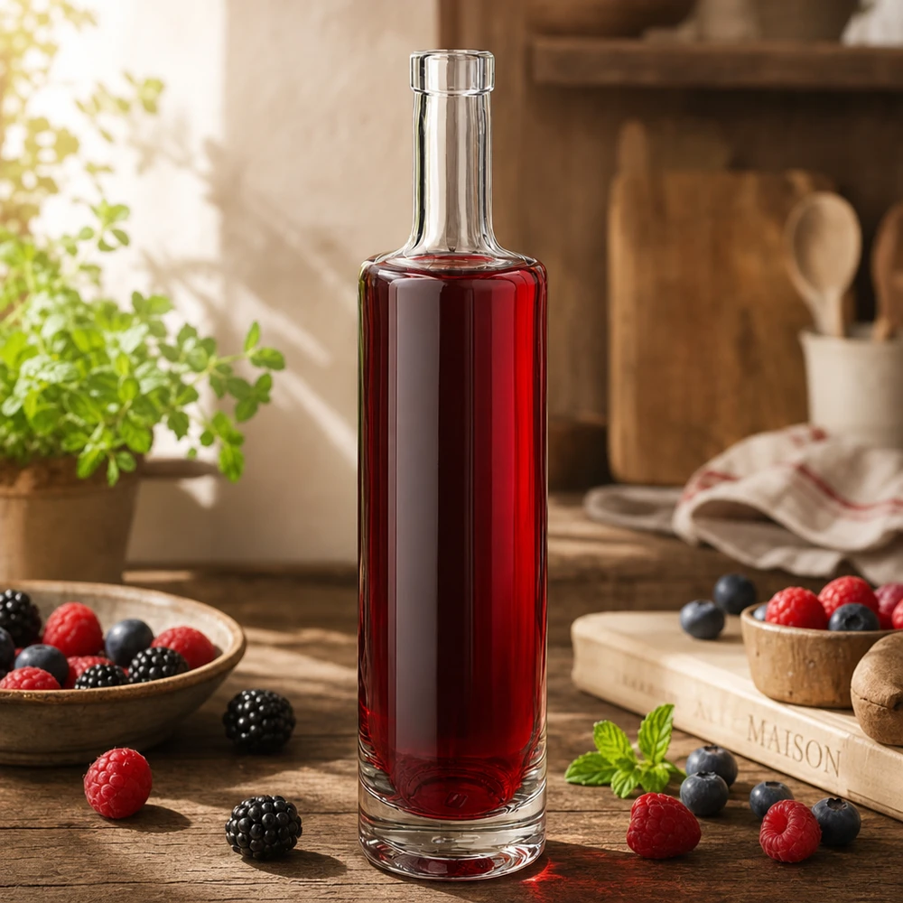 Szklana butelka 500 ml Lina bez zamknięcia UNiTWIST® 500ml Glasflasche Lina mit rotem Beerensaft in rustikaler Küche umgeben von frischen Beeren und Holzaccessoires
