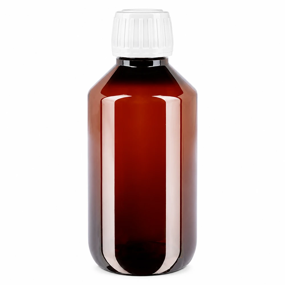 Brązowa butelka PET o pojemności 200 ml z białym zamknięciem zabezpieczającym, przeznaczona dla branży farmaceutycznej i laboratoryjnej