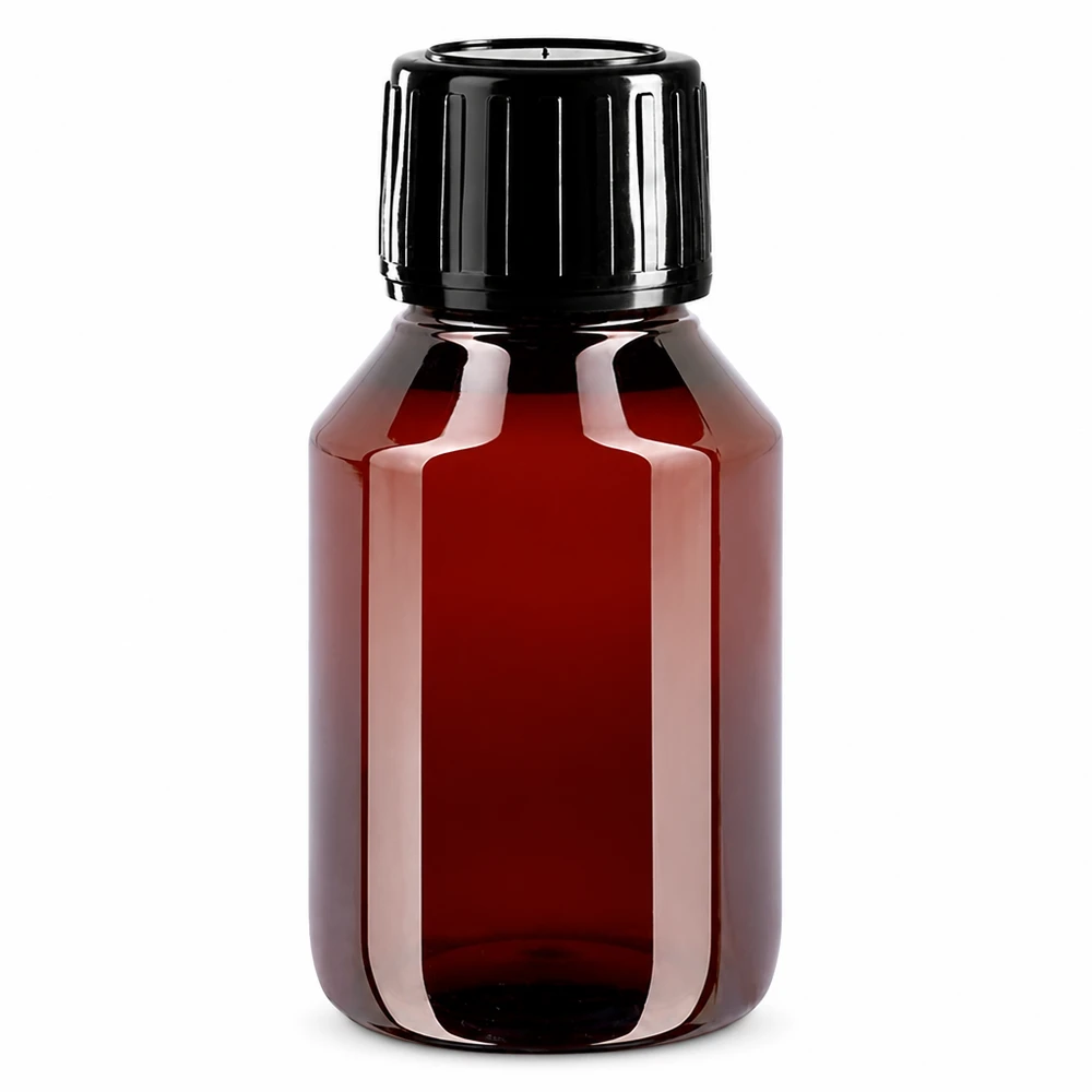 Lichtschutzflasche PET 50ml bernstein mit schwarzem Verschluss und Originalitätsring
