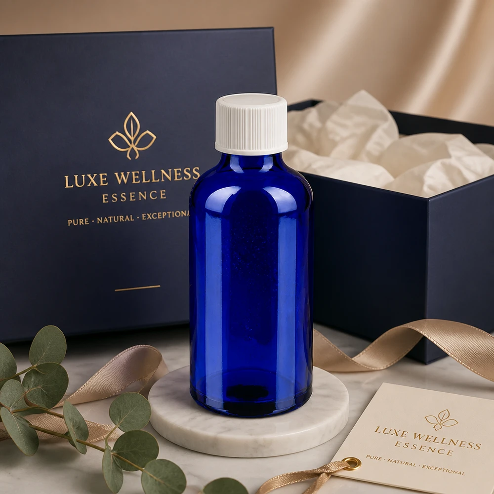 Elegancka butelka aptekarska o pojemności 50 ml w kolorze ciemnoniebieskim z praktyczną białą zakrętką na produkty wellness
