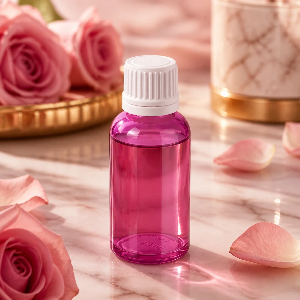 Butelka 30 ml z białą zakrętką 11 mm Oryginalna zakrętka PurpleLine UT18/30 Mała butelka o pojemności 30 ml z wzorem PurpleLine i białą zakrętką do produktów kosmetycznych i wellness