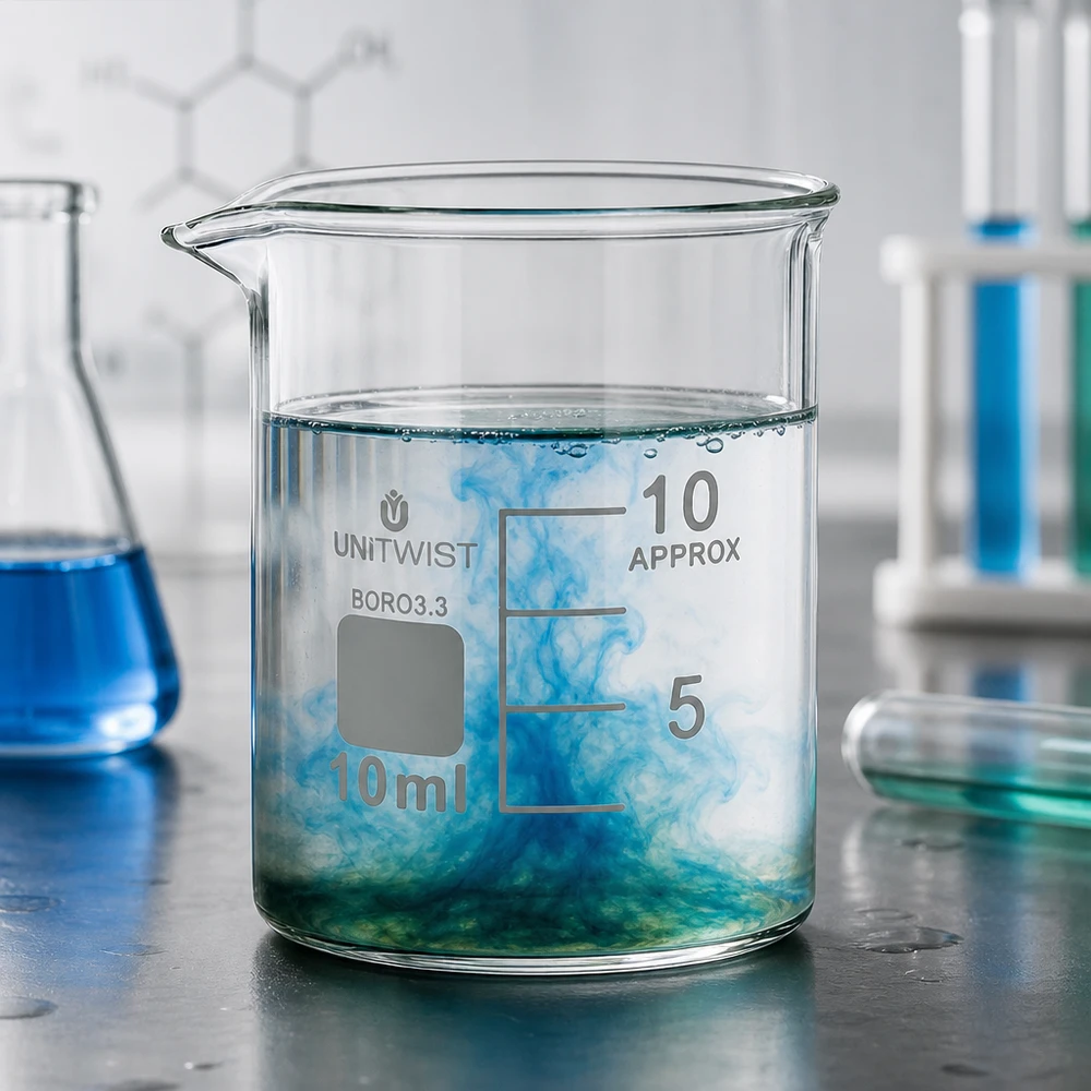 Zlewka 10 ml borokrzemianowa, niska forma UNiTWIST Szklanka UNiTWIST 10 ml z borokrzemianu 3.3, o niskim profilu, z niebiesko-zieloną reakcją w laboratorium