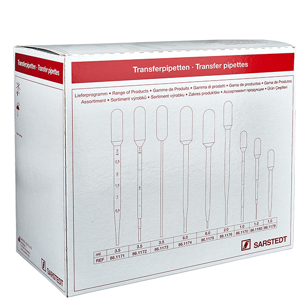 Pipeta transferowa, objętość nominalna: 2 ml, (dł. x szer.): 154 x 11 mm, materiał: LD-PE, przezroczysta, wielkość kropli: 35 µl - 45 µl, 750 sztuk/karton Pipeta transferowa, objętość nominalna: 2 ml, (dł. x szer.): 154 x 11 mm, materiał: LD-PE, przezroczysta, wielkość kropli: 35 µl - 45 µl, 750 sztuk/karton