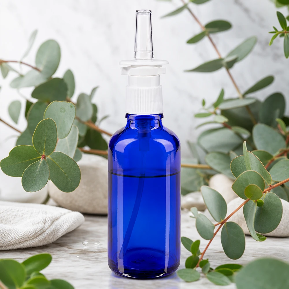 Butelka apteczna niebieska 50ml atomizer do nosa biały St Niebieska buteleczka o pojemności 50 ml na spray do nosa, wykonana ze szkła aptecznego, z motywem eukaliptusa w stylu spa