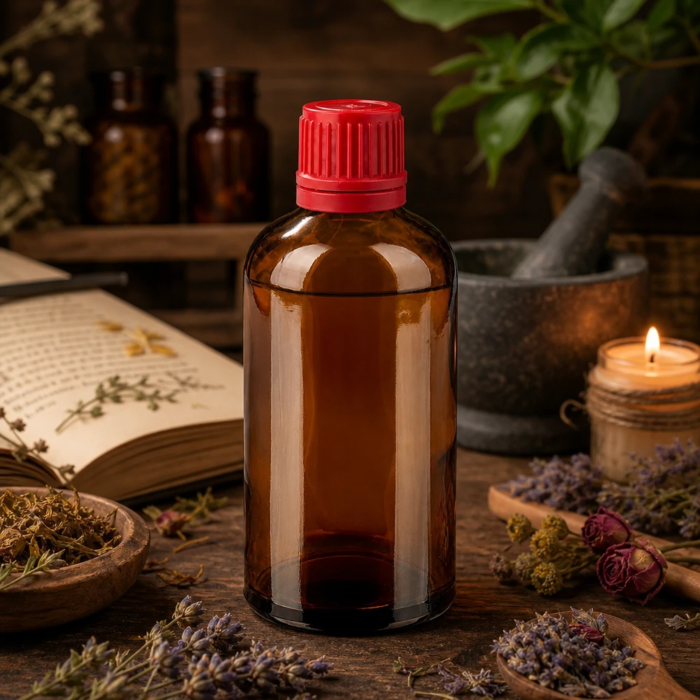 Butelka z bursztynowego szkła o pojemności 100 ml z ochroną UV i czerwoną nakrętką do substancji wrażliwych na światło