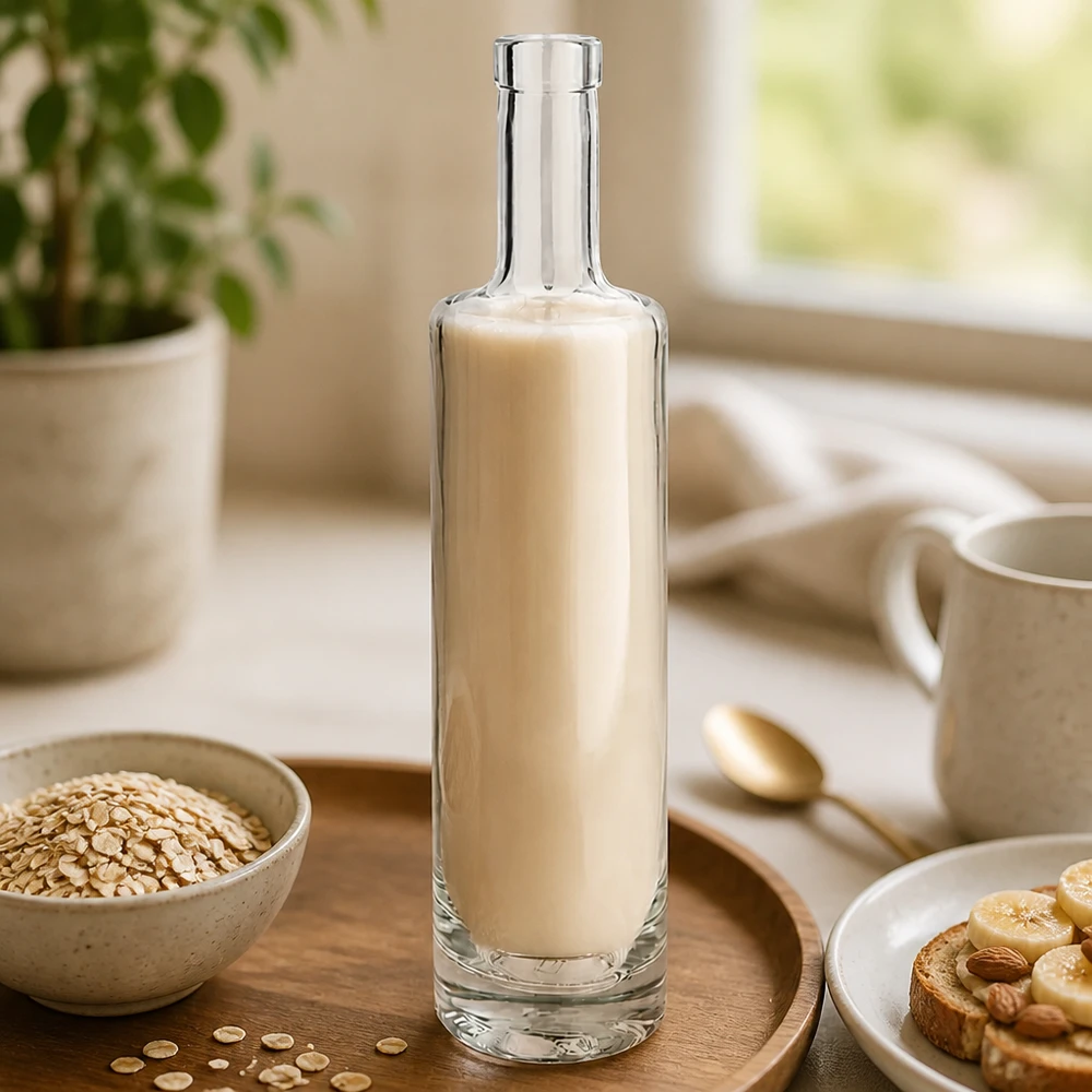 500 ml szklana butelka Lina wypełniona mlekiem owsianym w stylowej kuchni z płatkami owsianymi i zdjęciem śniadaniowym 3